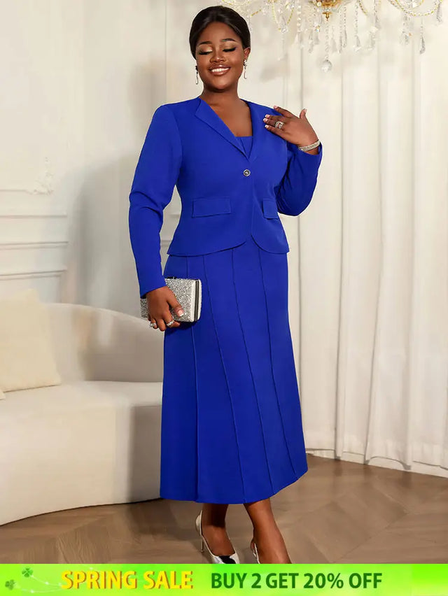 AOMEIDRESS Elegant Two Piece Suit Set with Halter Dress Office Wear Blue / L