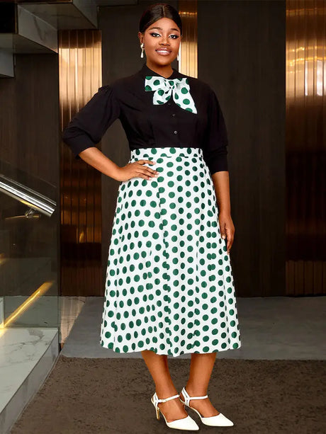 AOMEIDRESS Elegant Two Pieces Set Button Shirt With Polka Dot Skirt