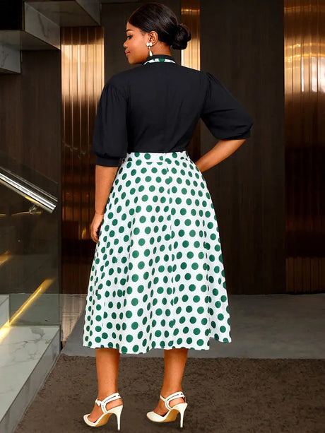 AOMEIDRESS Elegant Two Pieces Set Button Shirt With Polka Dot Skirt