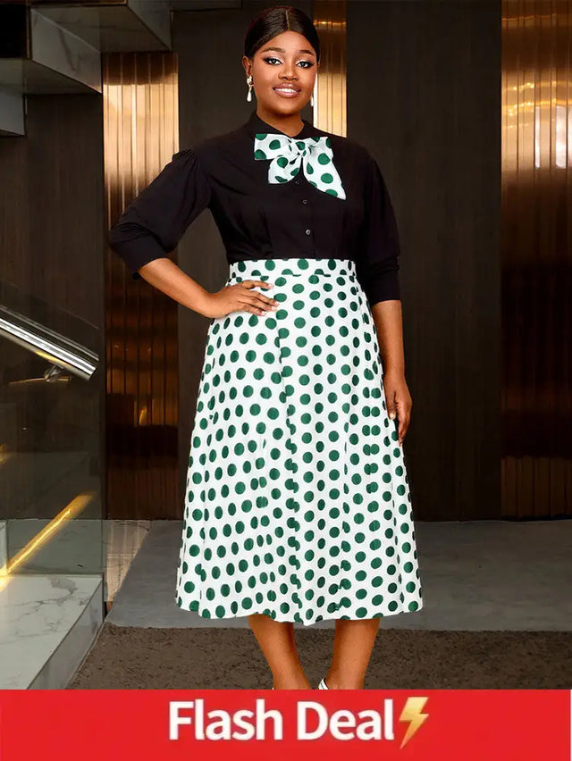 AOMEIDRESS Elegant Two Pieces Set Button Shirt With Polka Dot Skirt