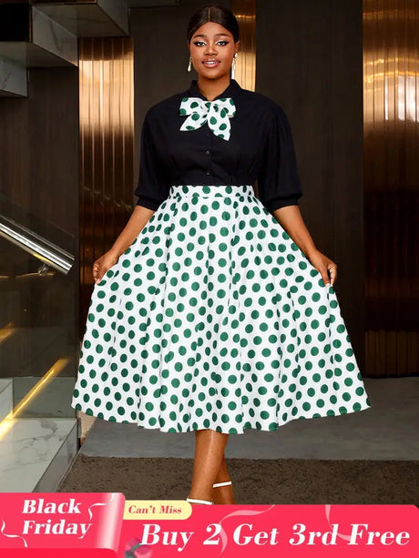AOMEIDRESS Elegant Two Pieces Set Button Shirt With Polka Dot Skirt Green / S