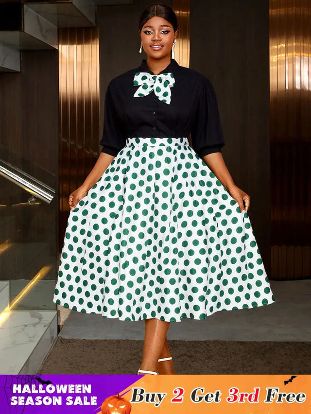 AOMEIDRESS Elegant Two Pieces Set Button Shirt With Polka Dot Skirt Green / S