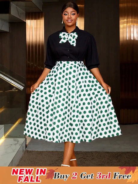 AOMEIDRESS Elegant Two Pieces Set Button Shirt With Polka Dot Skirt Green / S