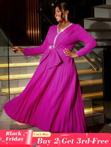 AOMEIDRESS Elegant V-neck Dress Long Sleeved Pleated A-line Loose Rose / S