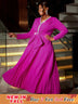 AOMEIDRESS Elegant V-neck Dress Long Sleeved Pleated A-line Loose Rose / S