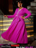 AOMEIDRESS Elegant V-neck Dress Long Sleeved Pleated A-line Loose Rose / S
