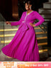 AOMEIDRESS Elegant V-neck Dress Long Sleeved Pleated A-line Loose Rose / S