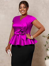 AOMEIDRESS Elegant V Neck Short Sleeves Peplum Top with 3D Flower Purple / L