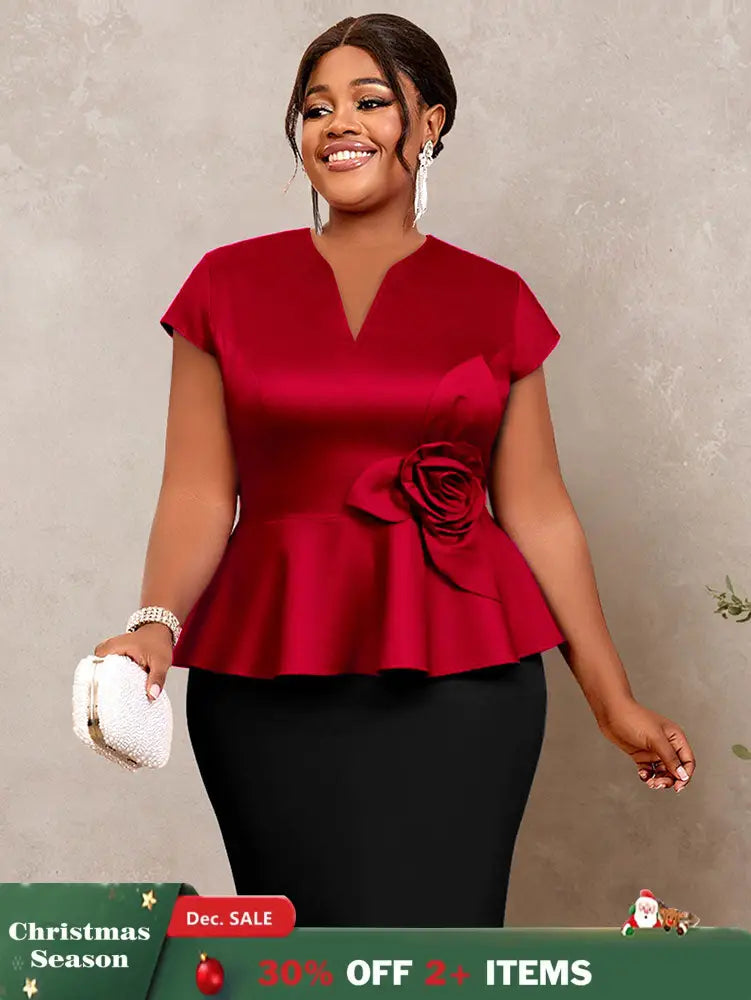 AOMEIDRESS Elegant V Neck Short Sleeves Peplum Top with 3D Flower Red / L