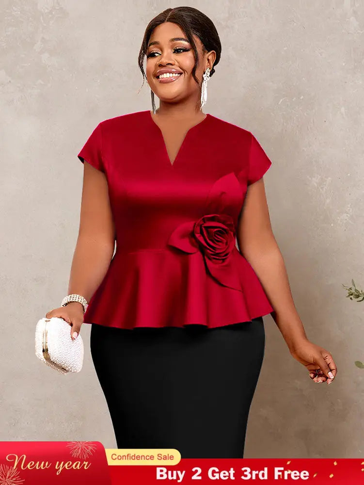 AOMEIDRESS Elegant V Neck Short Sleeves Peplum Top with 3D Flower Red / L