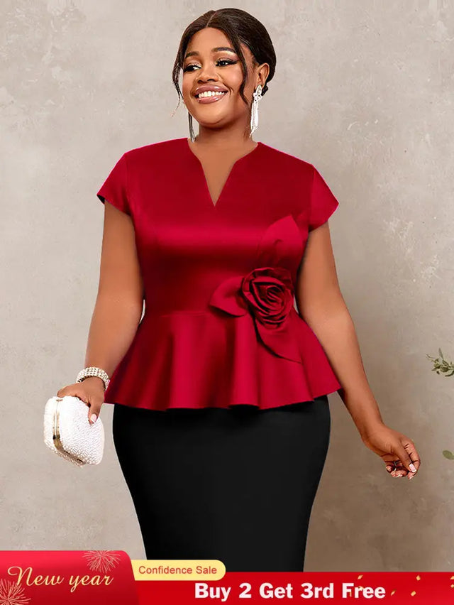 AOMEIDRESS Elegant V Neck Short Sleeves Peplum Top with 3D Flower Red / L