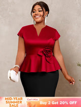 AOMEIDRESS Elegant V Neck Short Sleeves Peplum Top with 3D Flower Red / L