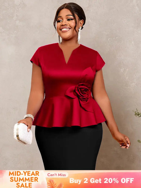 AOMEIDRESS Elegant V Neck Short Sleeves Peplum Top with 3D Flower Red / L
