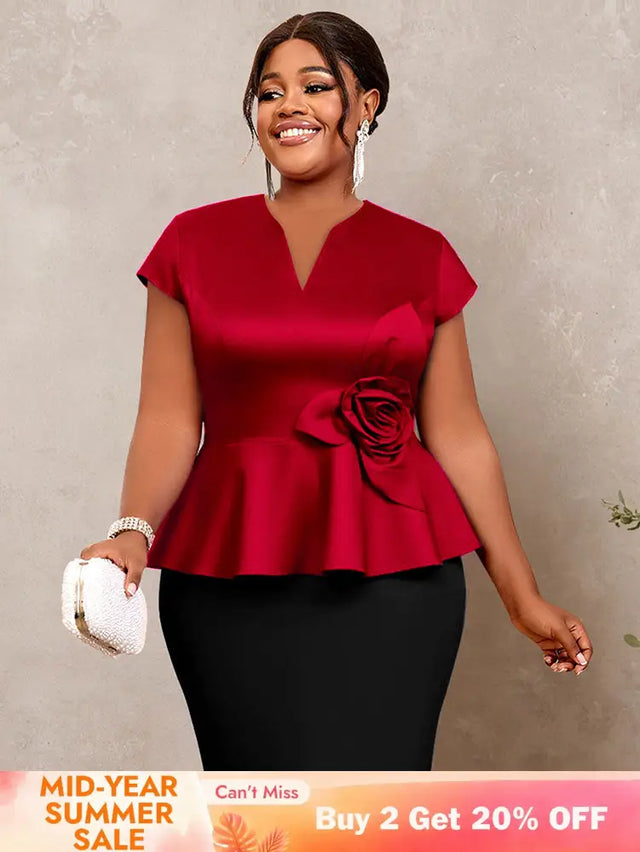 AOMEIDRESS Elegant V Neck Short Sleeves Peplum Top with 3D Flower Red / L