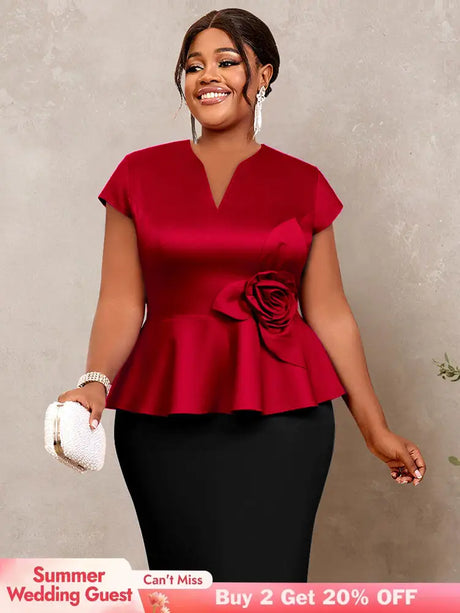 AOMEIDRESS Elegant V Neck Short Sleeves Peplum Top with 3D Flower Red / L