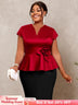 AOMEIDRESS Elegant V Neck Short Sleeves Peplum Top with 3D Flower Red / L