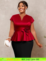 AOMEIDRESS Elegant V Neck Short Sleeves Peplum Top with 3D Flower Red / L