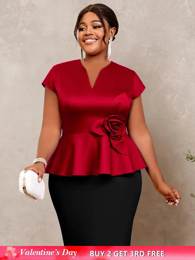 AOMEIDRESS Elegant V Neck Short Sleeves Peplum Top with 3D Flower Red / L