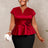 AOMEIDRESS Elegant V Neck Short Sleeves Peplum Top with 3D Flower Red / L