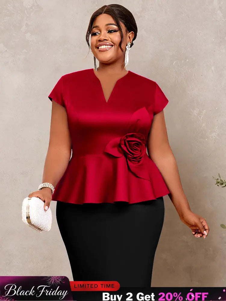AOMEIDRESS Elegant V Neck Short Sleeves Peplum Top with 3D Flower Red / L