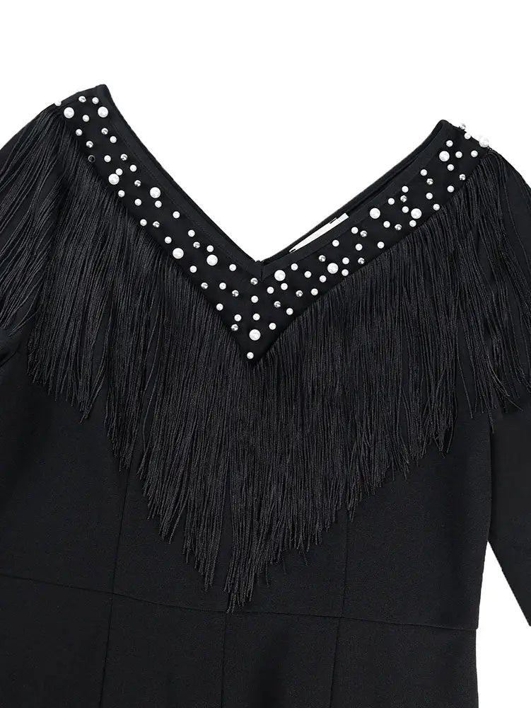 AOMEIDRESS Elegant Wedding Evening Beading Jumpsuit with Tassel V Neck