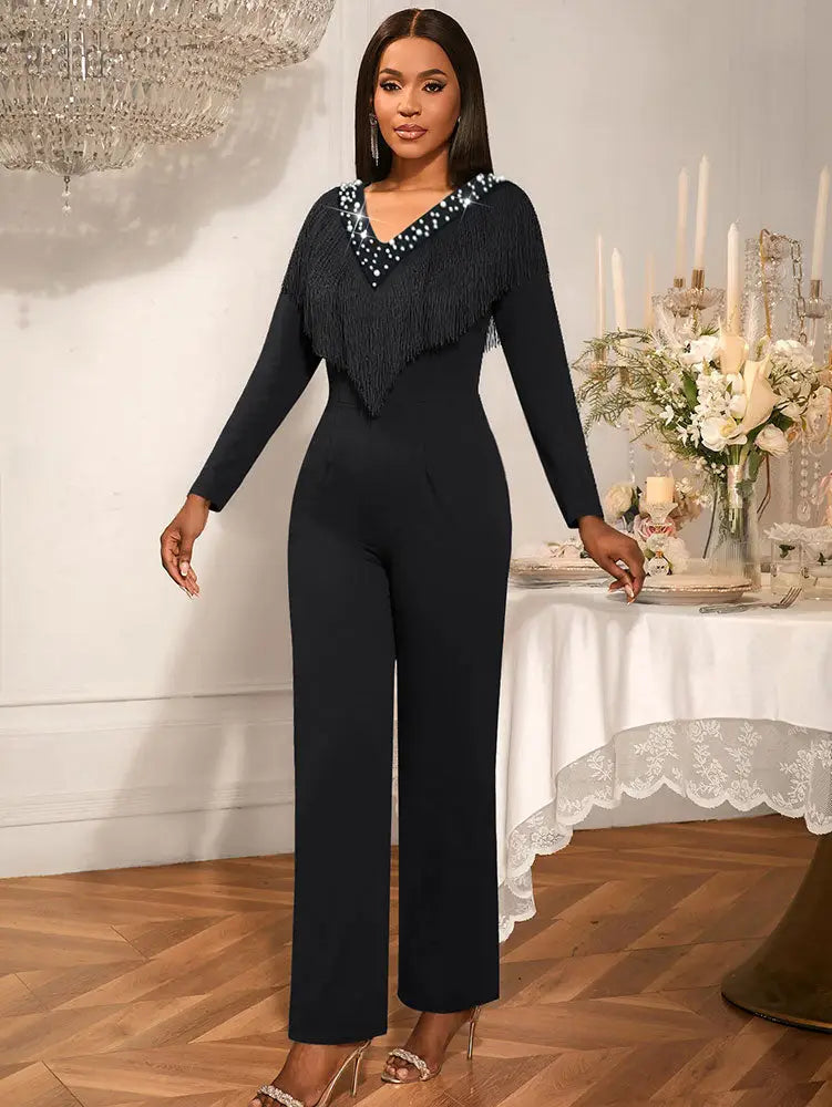AOMEIDRESS Elegant Wedding Evening Beading Jumpsuit with Tassel V Neck
