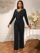 AOMEIDRESS Elegant Wedding Evening Beading Jumpsuit with Tassel V Neck