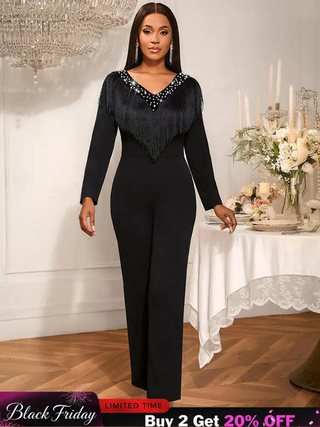 AOMEIDRESS Elegant Wedding Evening Beading Jumpsuit with Tassel V Neck Black / S