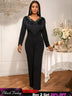 AOMEIDRESS Elegant Wedding Evening Beading Jumpsuit with Tassel V Neck Black / S