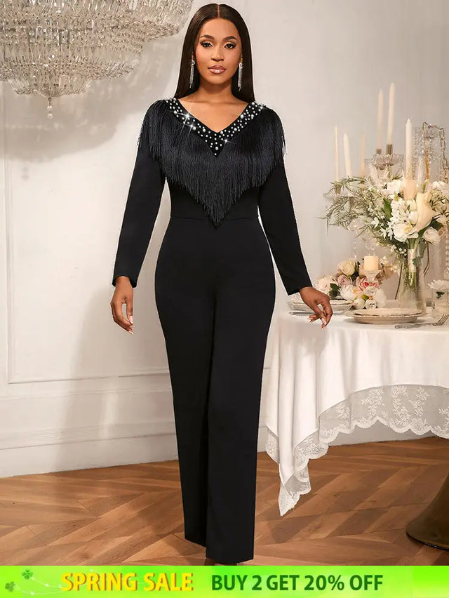 AOMEIDRESS Elegant Wedding Evening Beading Jumpsuit with Tassel V Neck Black / S
