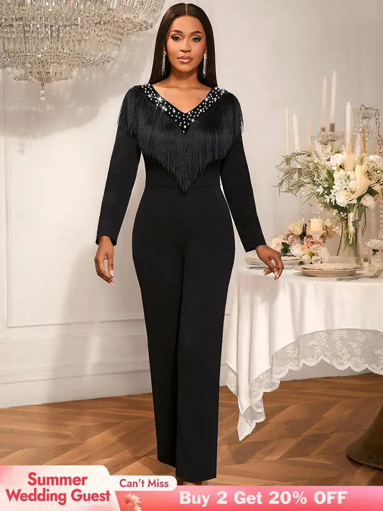 AOMEIDRESS Elegant Wedding Evening Beading Jumpsuit with Tassel V Neck Black / S