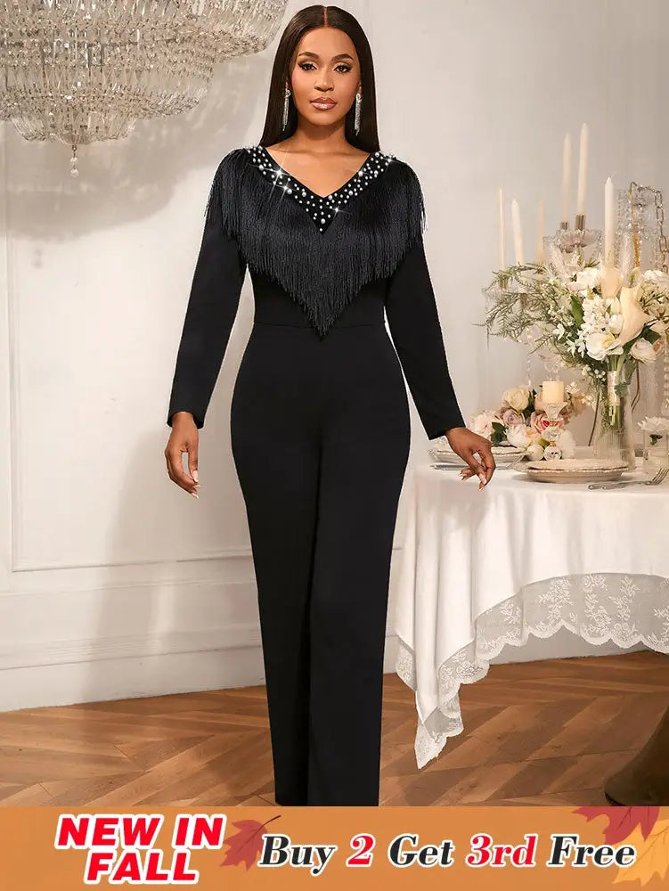 AOMEIDRESS Elegant Wedding Evening Beading Jumpsuit with Tassel V Neck Black / S