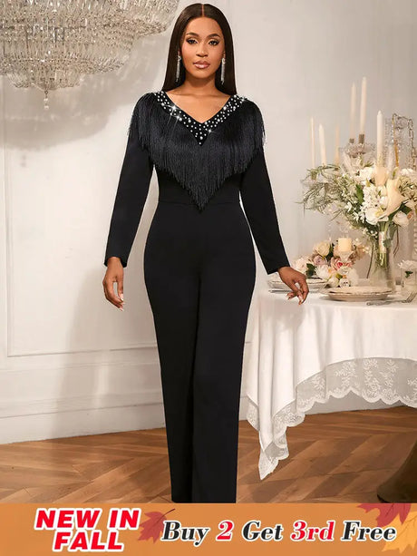 AOMEIDRESS Elegant Wedding Evening Beading Jumpsuit with Tassel V Neck Black / S