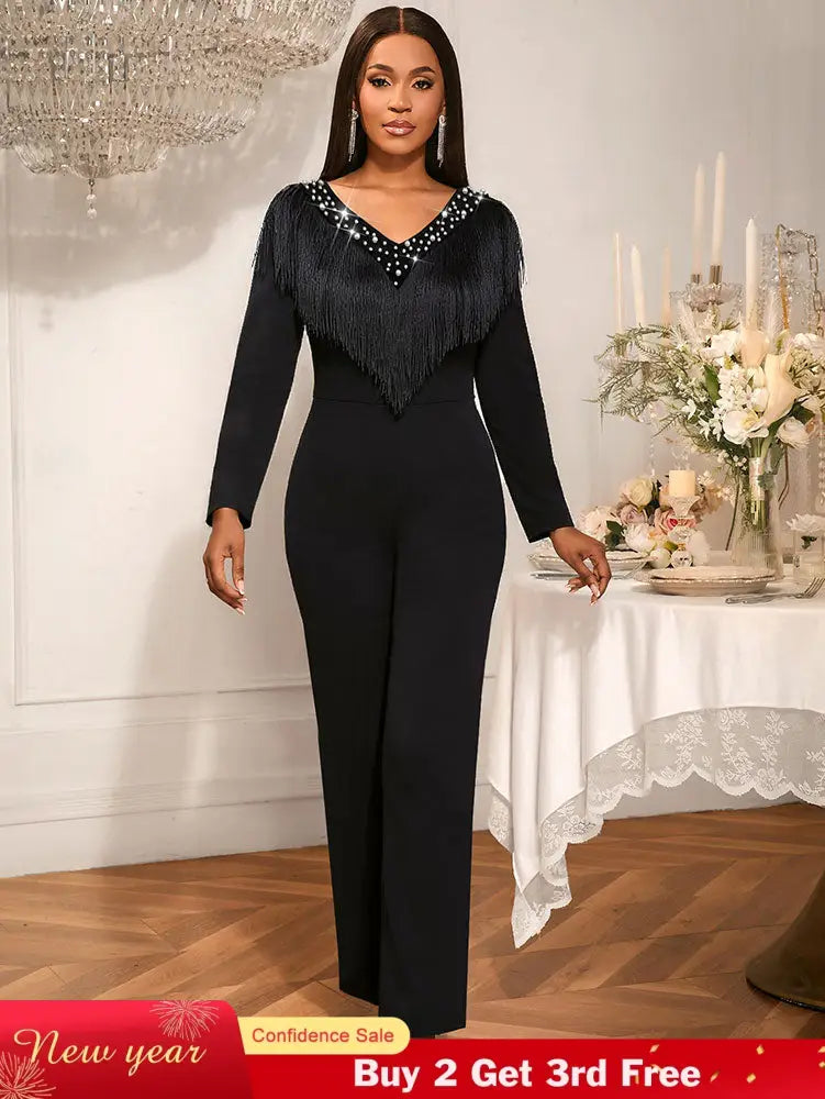 AOMEIDRESS Elegant Wedding Evening Beading Jumpsuit with Tassel V Neck Black / S