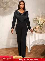 AOMEIDRESS Elegant Wedding Evening Beading Jumpsuit with Tassel V Neck Black / S