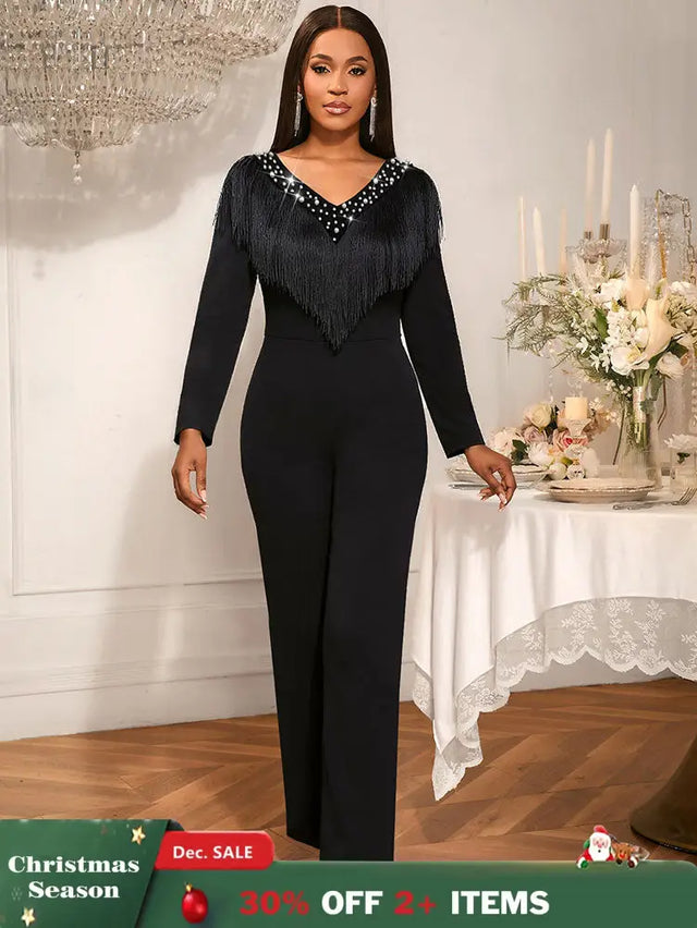 AOMEIDRESS Elegant Wedding Evening Beading Jumpsuit with Tassel V Neck Black / S