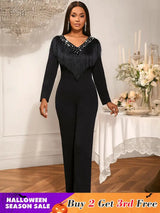 AOMEIDRESS Elegant Wedding Evening Beading Jumpsuit with Tassel V Neck Black / S