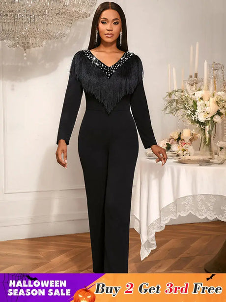 AOMEIDRESS Elegant Wedding Evening Beading Jumpsuit with Tassel V Neck Black / S