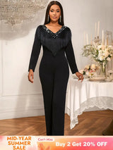 AOMEIDRESS Elegant Wedding Evening Beading Jumpsuit with Tassel V Neck Black / S