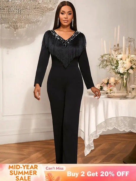 AOMEIDRESS Elegant Wedding Evening Beading Jumpsuit with Tassel V Neck Black / S