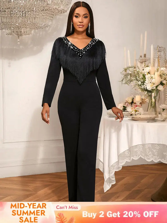 AOMEIDRESS Elegant Wedding Evening Beading Jumpsuit with Tassel V Neck Black / S