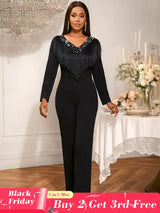 AOMEIDRESS Elegant Wedding Evening Beading Jumpsuit with Tassel V Neck Black / S