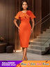 AOMEIDRESS Elegant Wedding Evening Dress with 3D Flower Pleated Cape Orange / S