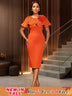 AOMEIDRESS Elegant Wedding Evening Dress with 3D Flower Pleated Cape Orange / S