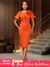 AOMEIDRESS Elegant Wedding Evening Dress with 3D Flower Pleated Cape Orange / S