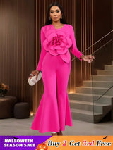 AOMEIDRESS Elegant Wedding Evening Jumpsuit with 3D Flower Flare Pants Rose / S