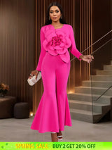 AOMEIDRESS Elegant Wedding Evening Jumpsuit with 3D Flower Flare Pants Rose / S