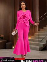 AOMEIDRESS Elegant Wedding Evening Jumpsuit with 3D Flower Flare Pants Rose / S