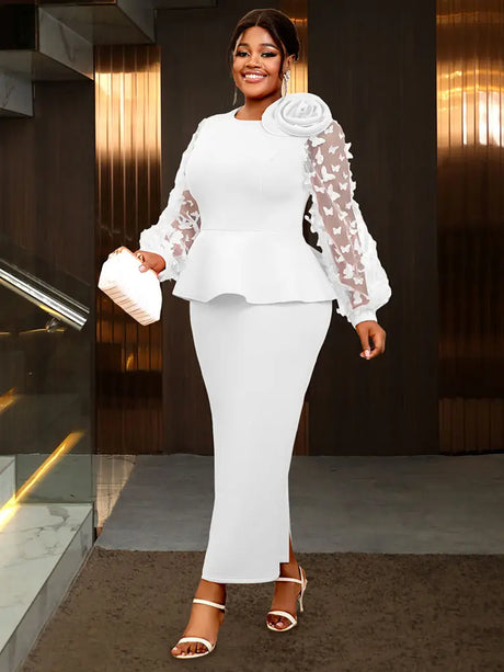 AOMEIDRESS Elegant Wedding Guest Dress Package Hip O Neck 3D Flower