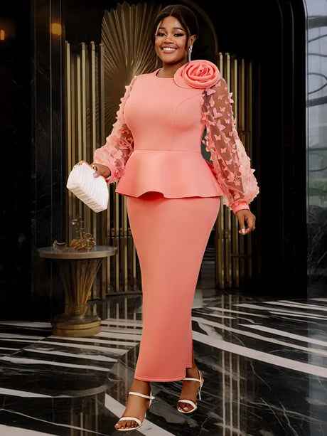 AOMEIDRESS Elegant Wedding Guest Dress Package Hip O Neck 3D Flower Pink / 0XL